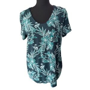 J Jill Wearever Floral Scoop Tee Womens M Teal Green Botanical Casual Vacation